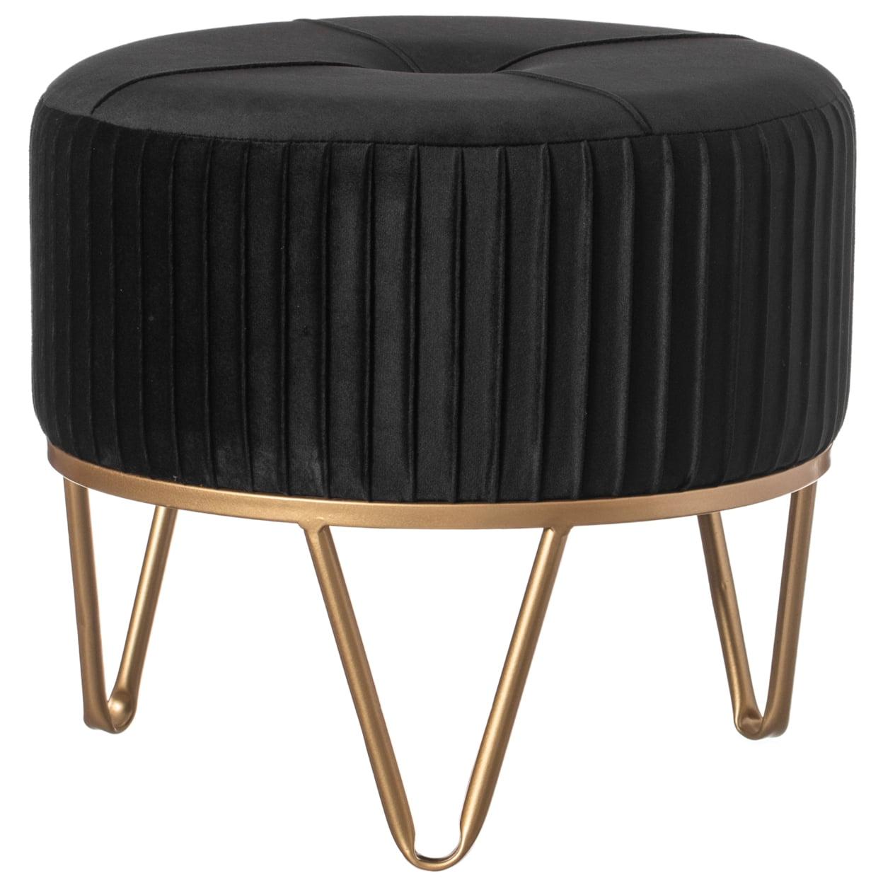 Fabulaxe Round Velvet Ottoman Stool Raised with Hairpin Gold Base, Black, Large