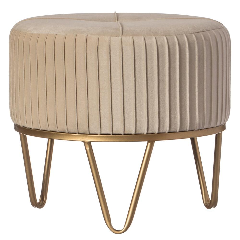 Fabulaxe Round Velvet Ottoman Stool Raised with Hairpin Gold Base, Cream, Small