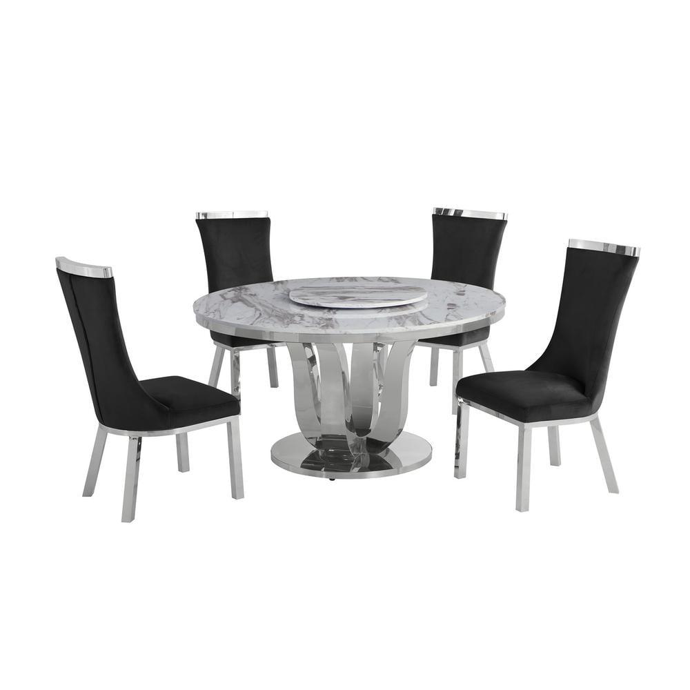 Round White Marble Dining Set with Black Velvet Chairs and Stainless Steel Base