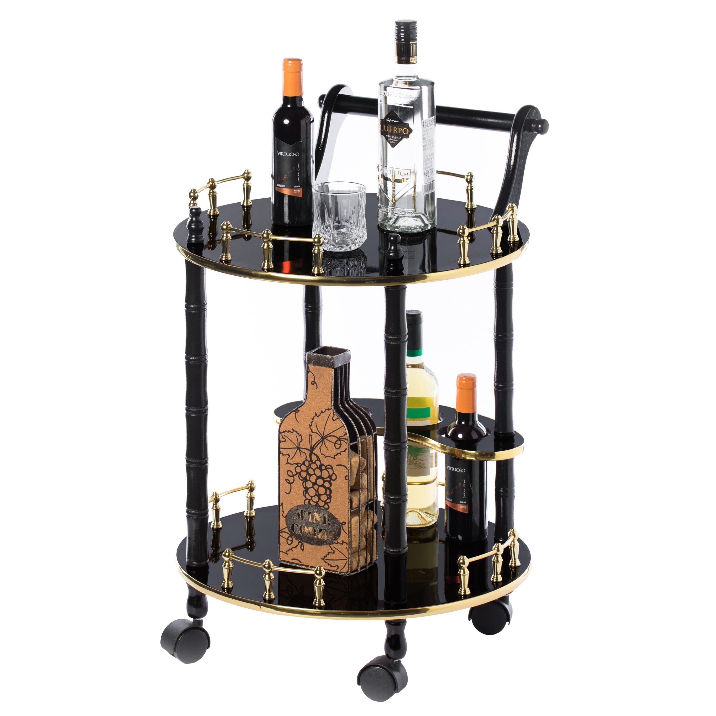 Black and Gold Round Wood Bar Cart with Wine Rack