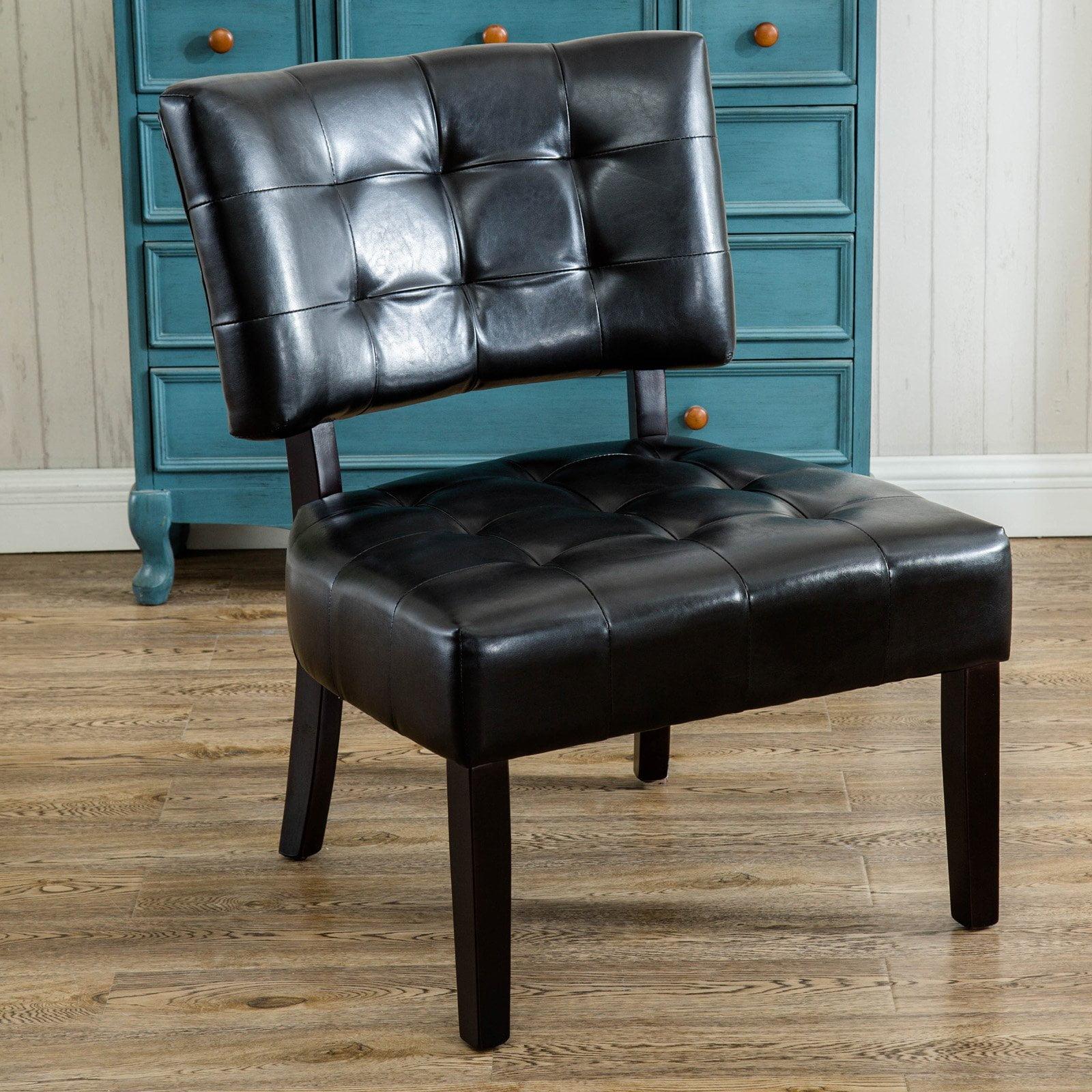 Luxurious Black Faux Leather Tufted Slipper Chair with Wood Legs