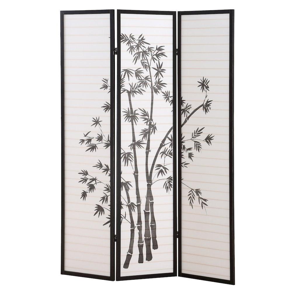 Black 3-Panel Shoji Room Divider with Bamboo Print