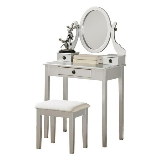 Roundhill Furniture Moniya Wood Makeup Vanity Table and Stool Set, Silver