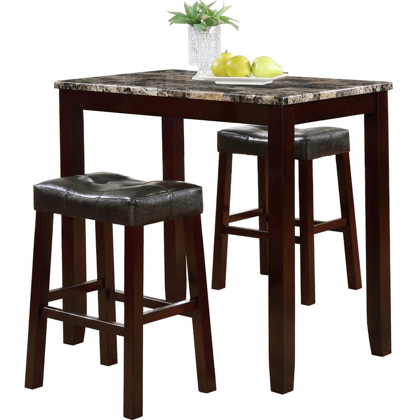 Espresso Faux Marble Top Pub Table and Dark Brown Leather Chairs Set