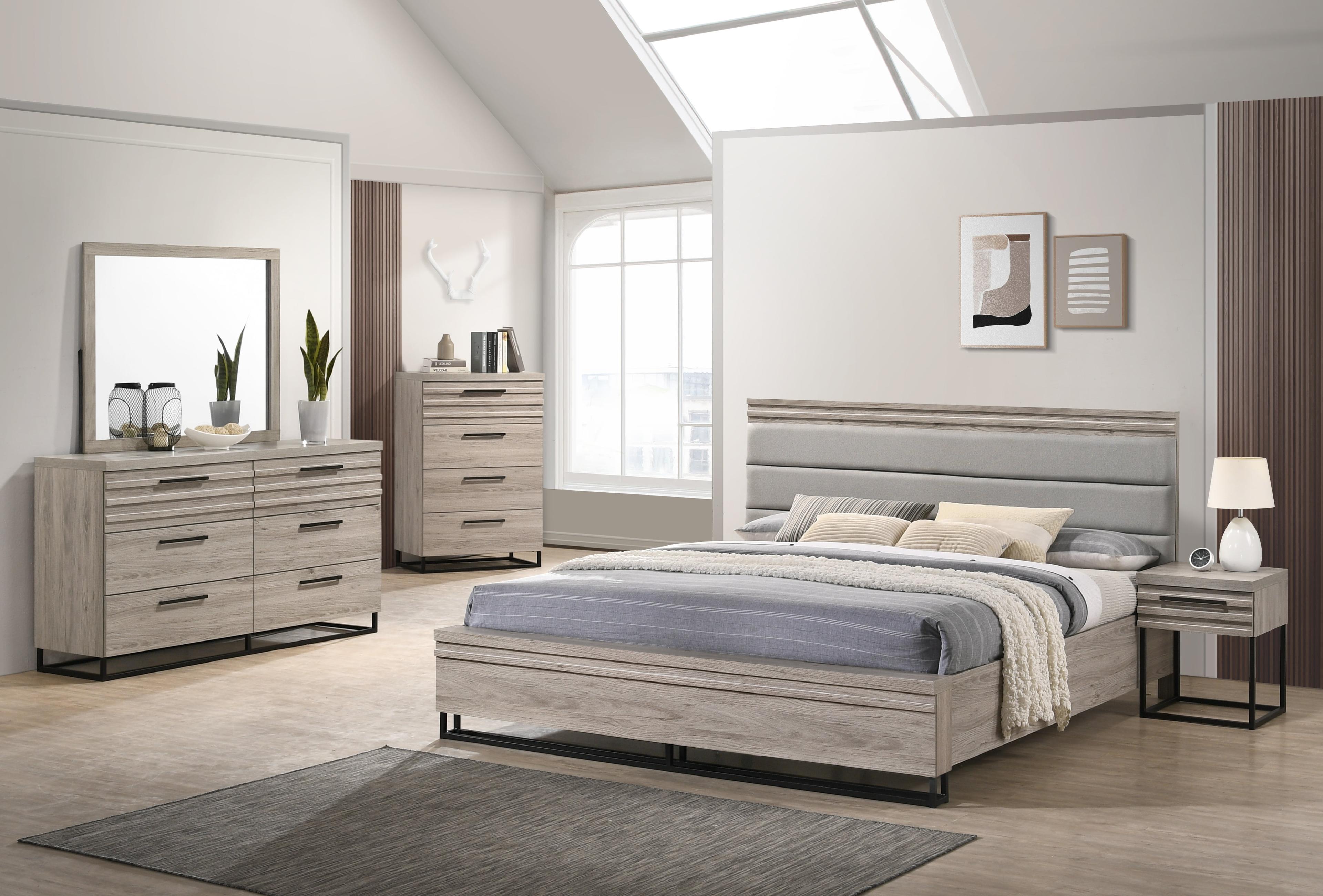 Alvear Weathered Gray Upholstered Wood Panel King Bed Set