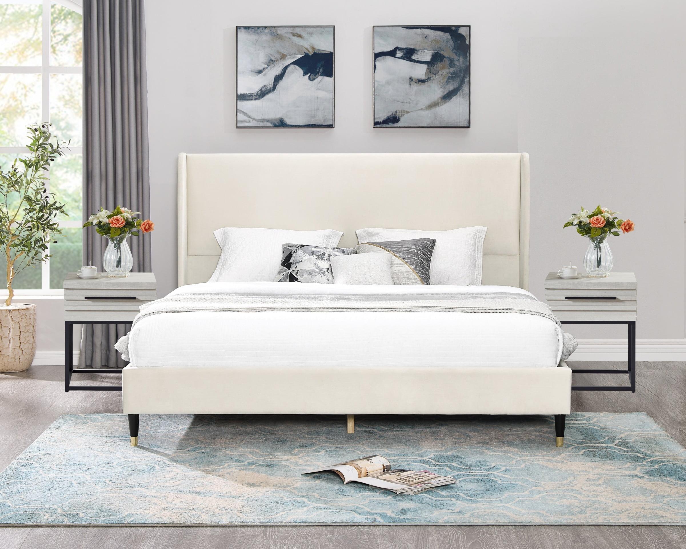 Roundhill Furniture Arles 3-Piece Upholstered Bedroom Set, Wingback Platform Bed with Two Nightstands Beige Velvet Queen