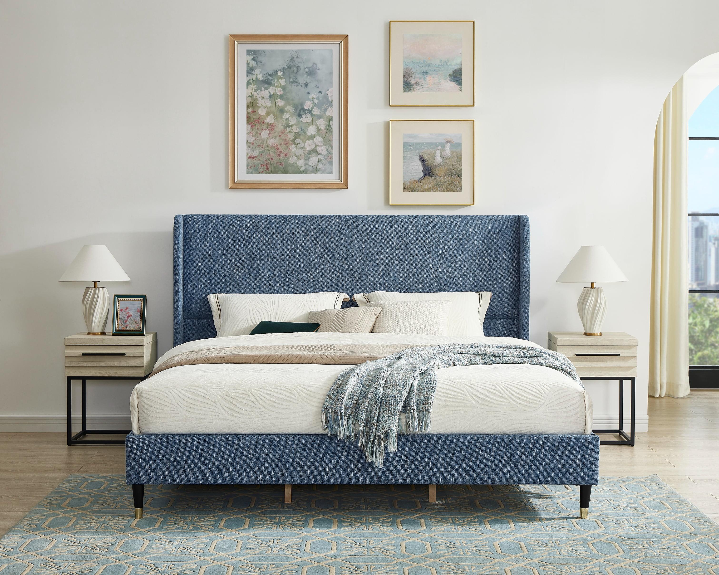 Roundhill Furniture Arles 3-Piece Upholstered Bedroom Set, Wingback Platform Bed with Two Nightstands Blue Fabric King