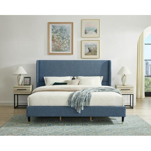 Roundhill Furniture Arles 3-Piece Upholstered Bedroom Set, Wingback Platform Bed with Two Nightstands Blue Fabric King