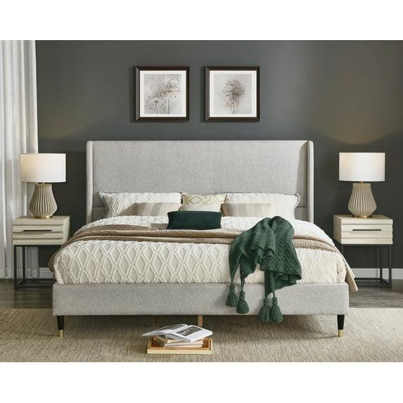 Roundhill Furniture Arles 3-Piece Upholstered Bedroom Set, Wingback Platform Bed with Two Nightstands Light Gray Fabric Queen