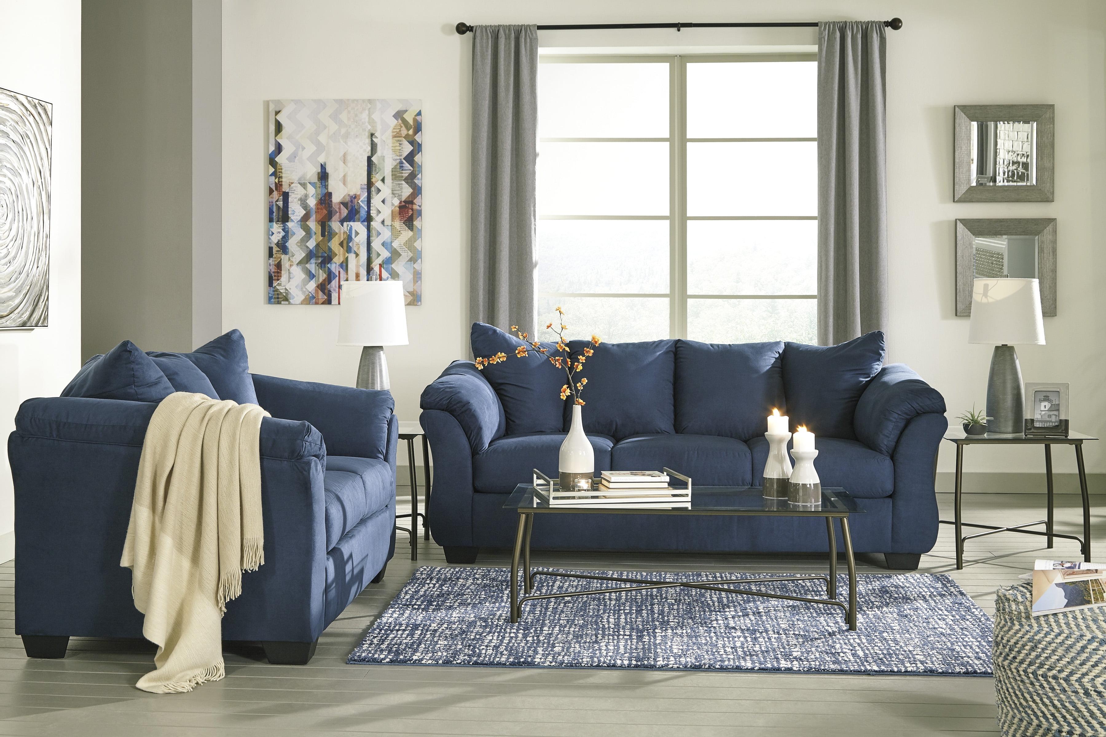 Roundhill Furniture Aruca Navy Blue Microfiber Pillow Back Sofa and Loveseat Set