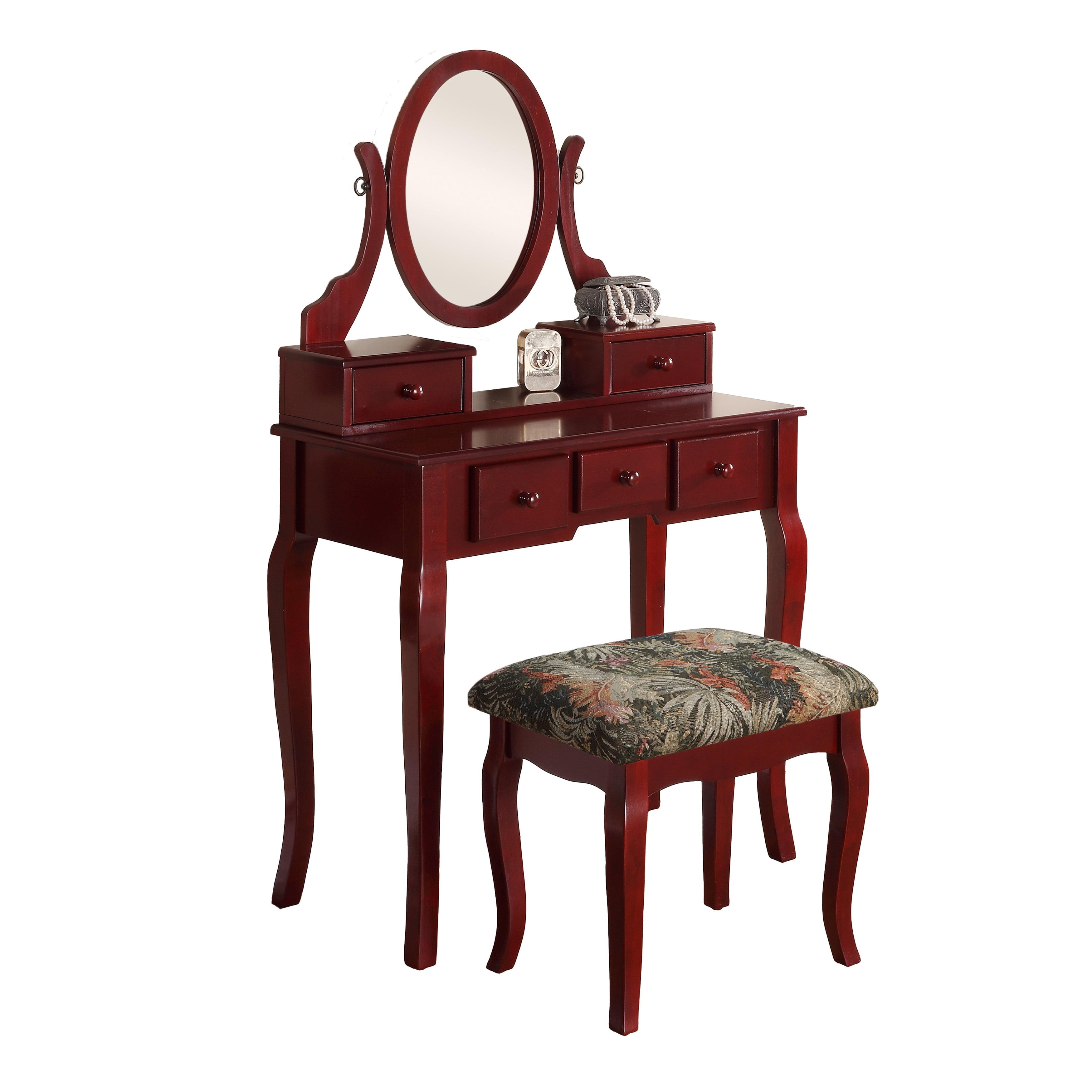 Cherry Wood Vanity Table with Adjustable Mirror and Floral Upholstered Stool