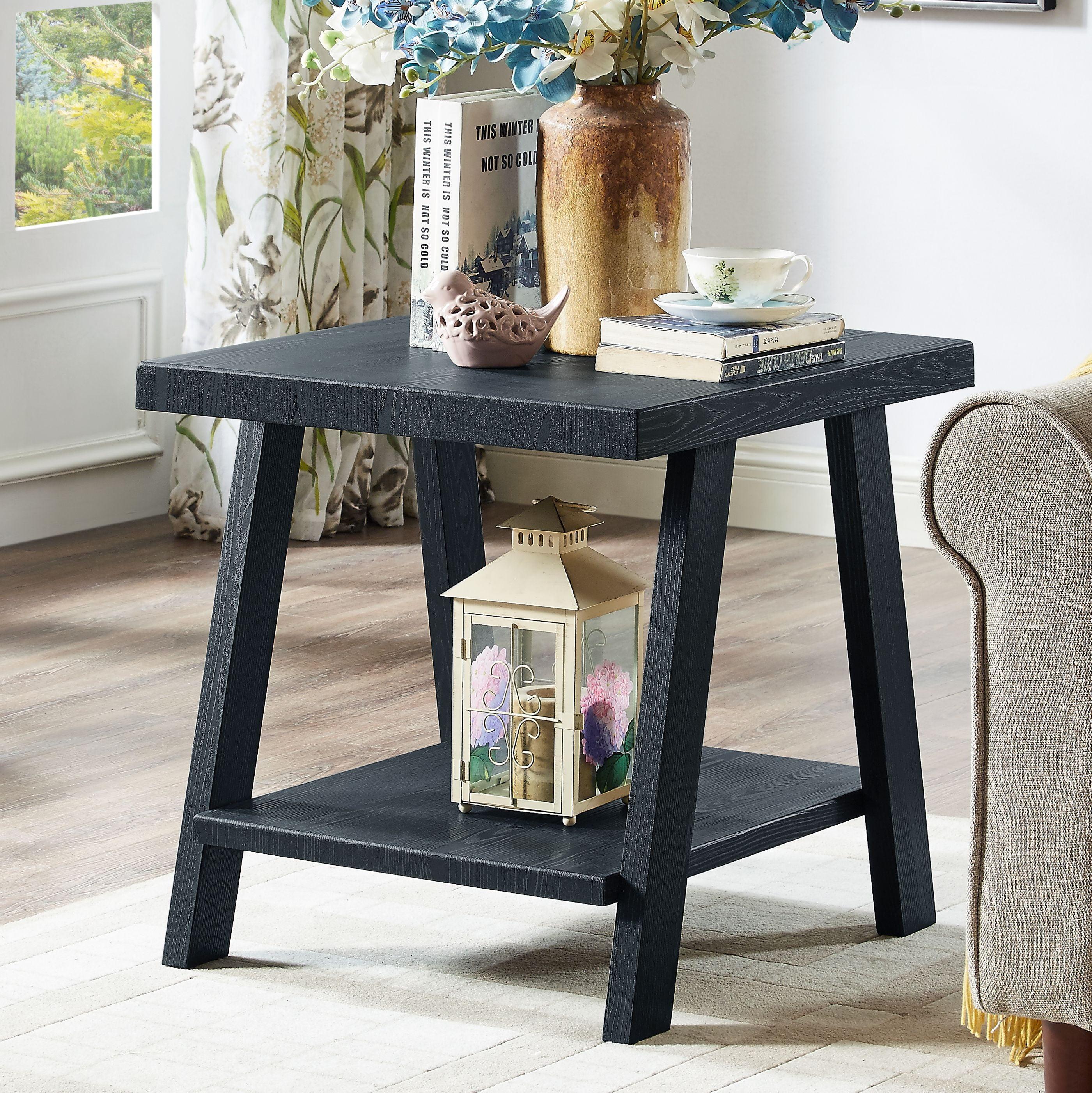 Contemporary Black Wood 2-Tier End Table with Storage Shelf