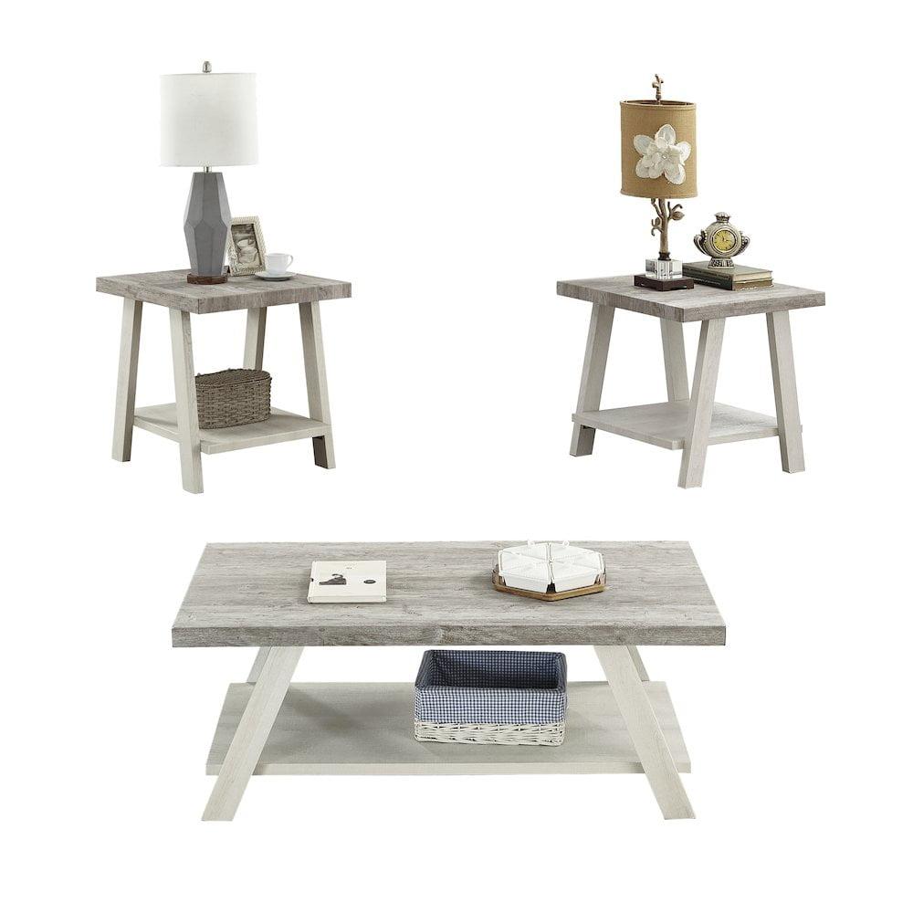 Roundhill Furniture Athens Contemporary 3-Piece Wood Shelf Coffee Table Set in Weathered Gray and Beige