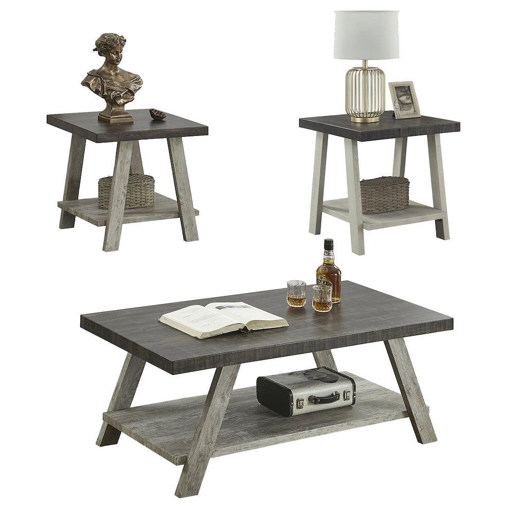 Roundhill Furniture Athens Contemporary 3-Piece Wood Shelf Coffee Table Set in Weathered Walnut and Gray