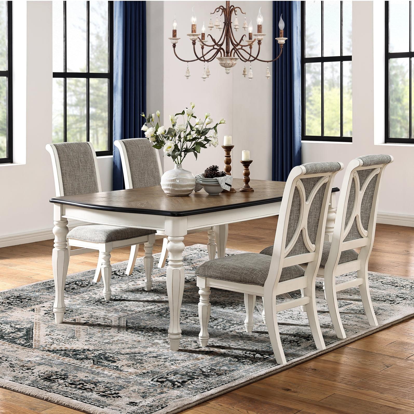 Roundhill Furniture Belleza 5 Piece Farmhouse Dining Table Sets, Antique White/Weathered Oak