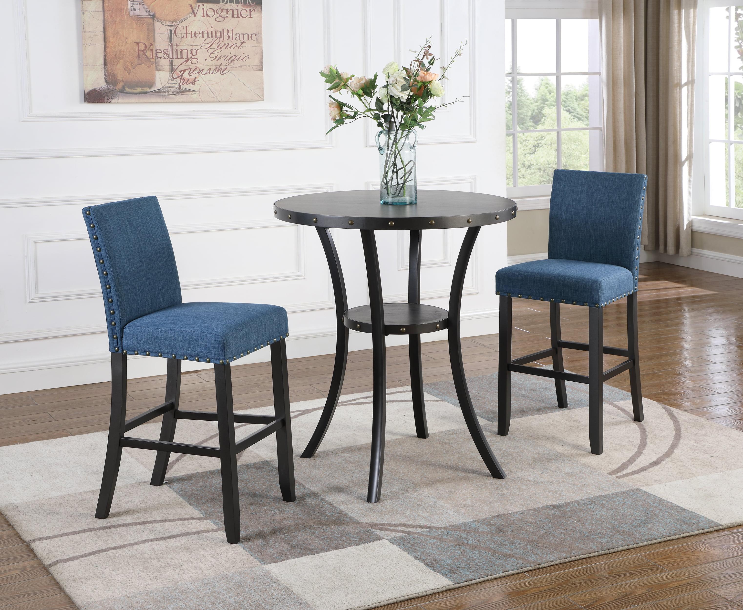 Roundhill Furniture Biony 36" Round Bistro Set with 2 Pub-Chairs in Espresso/Blue