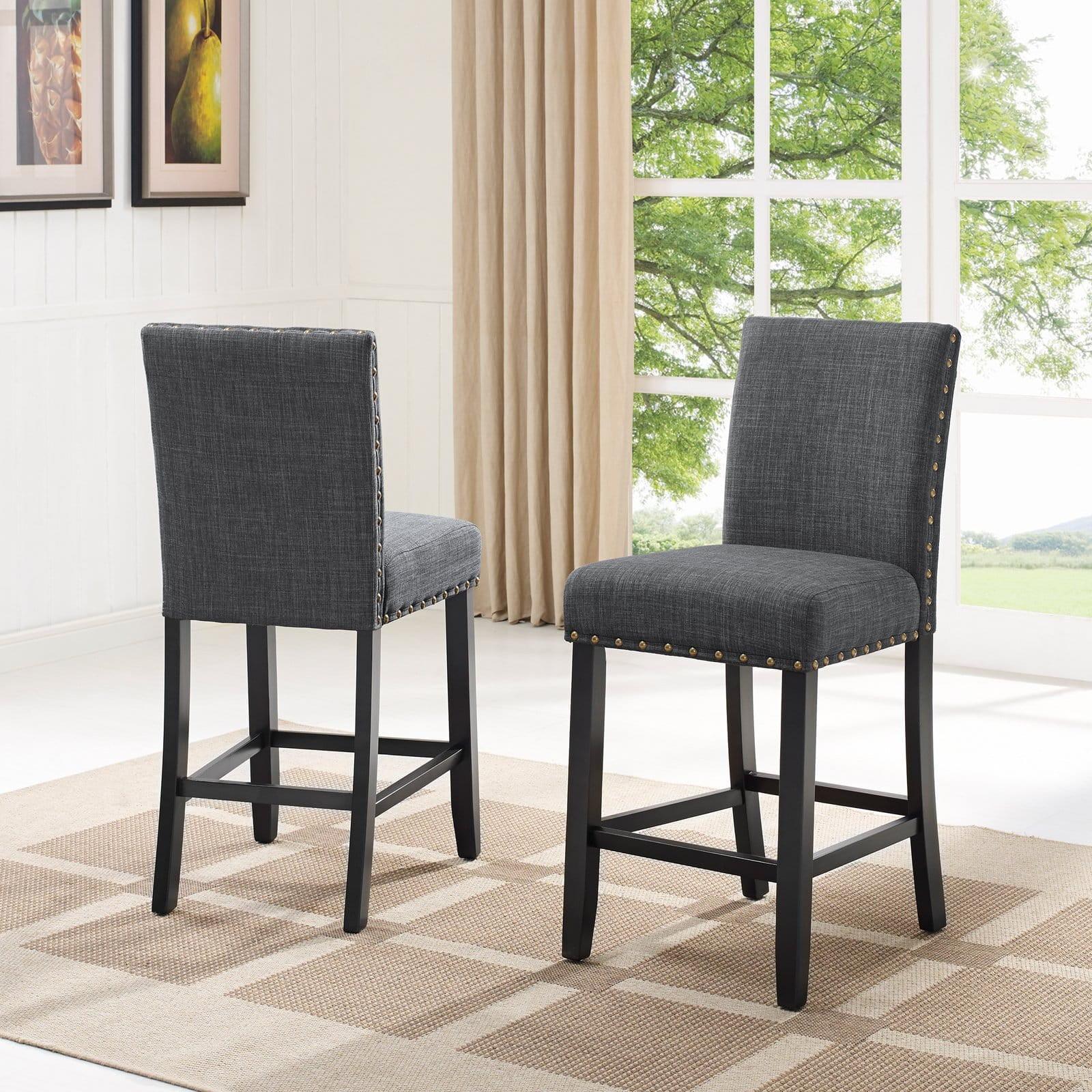 Gray Upholstered Wood Counter Height Stools with Nailhead Trim, Set of 2