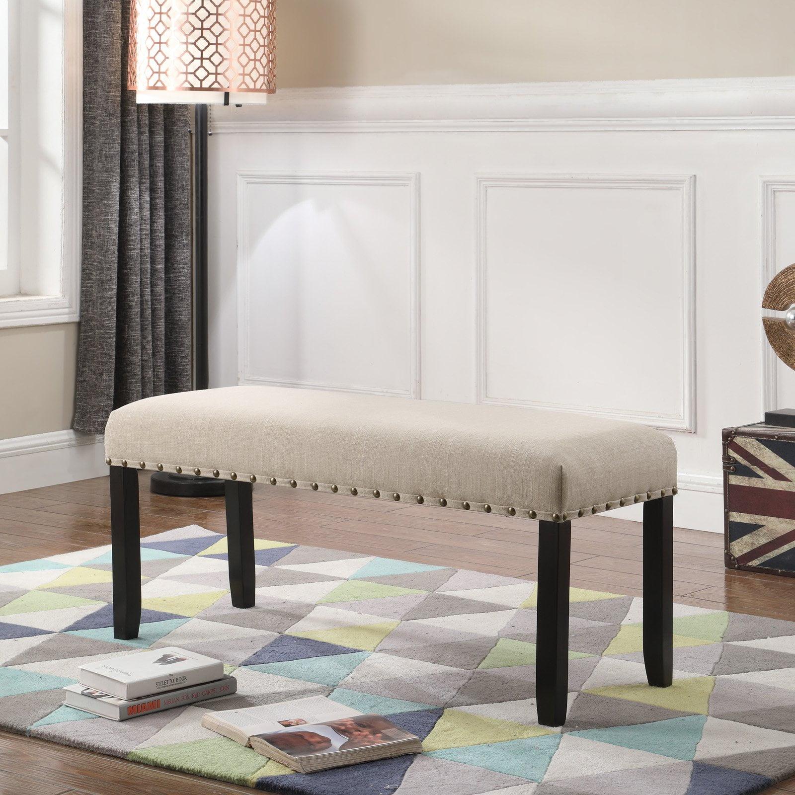 Espresso Brown Wood Dining Bench with Nailhead Trim, Tan Fabric