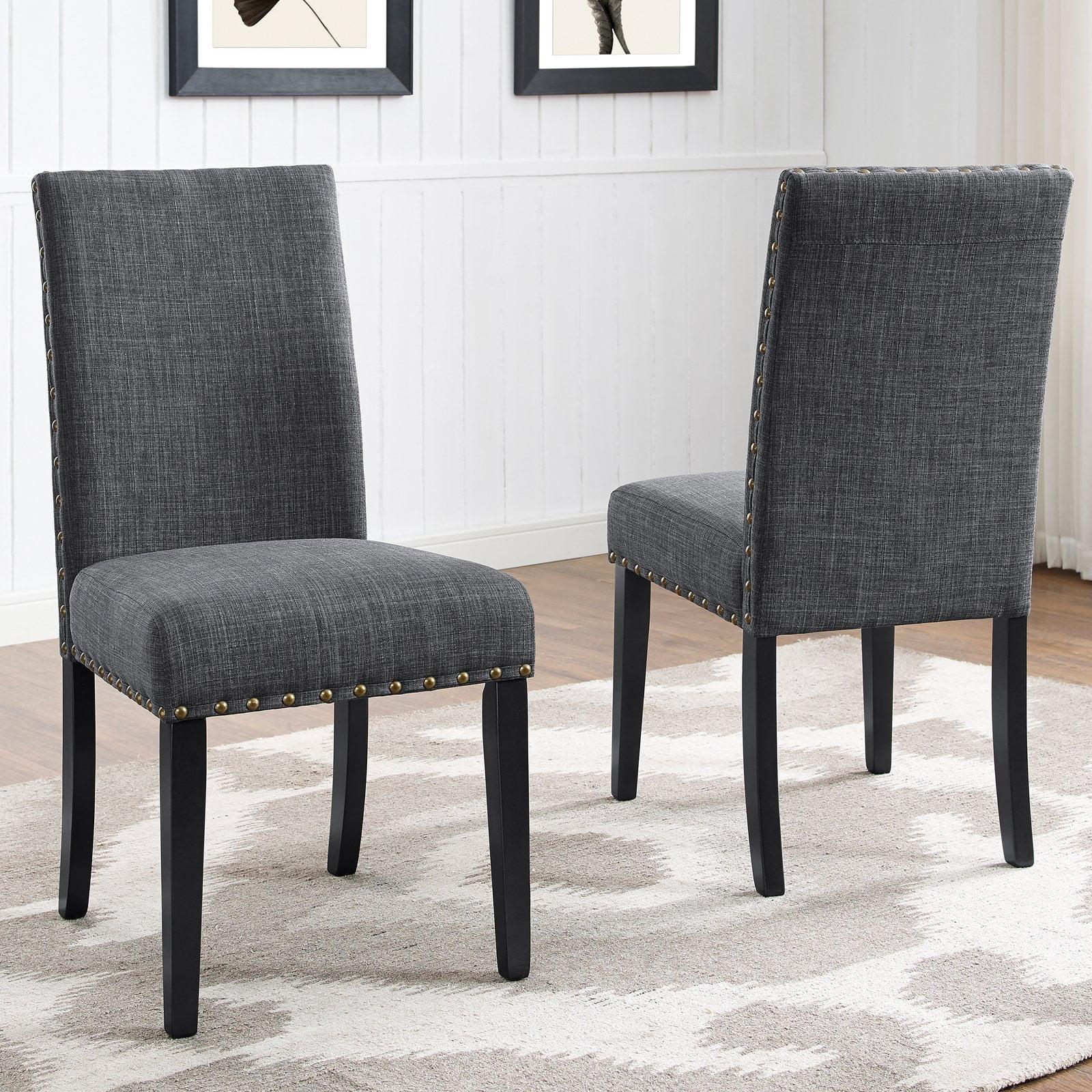 Contemporary Gray Linen Upholstered Dining Chair with Black Wood Legs, Set of 2