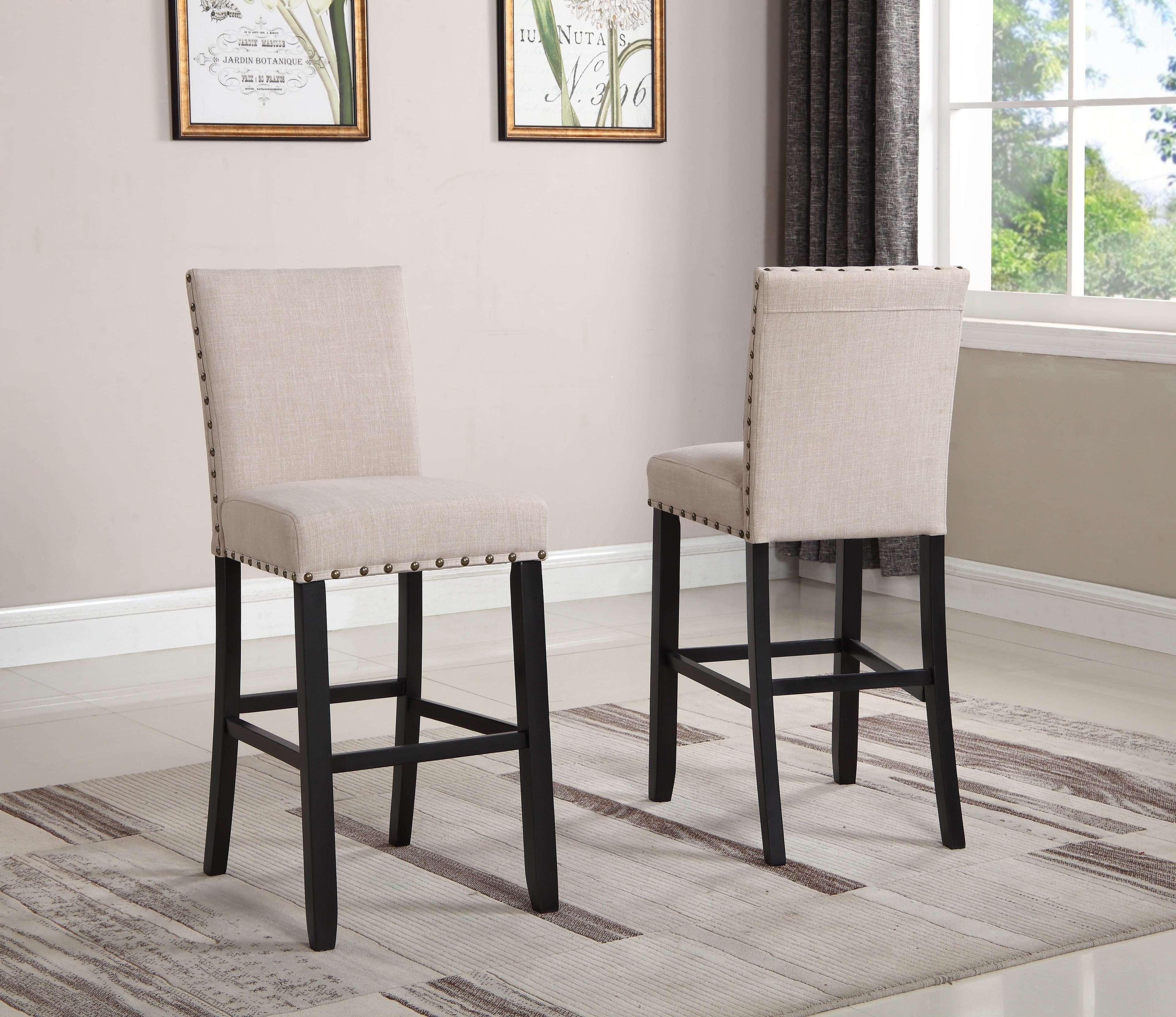 Biony Tan Fabric and Espresso Wood Bar Stool with Bronze Nailhead Trim, Set of 2