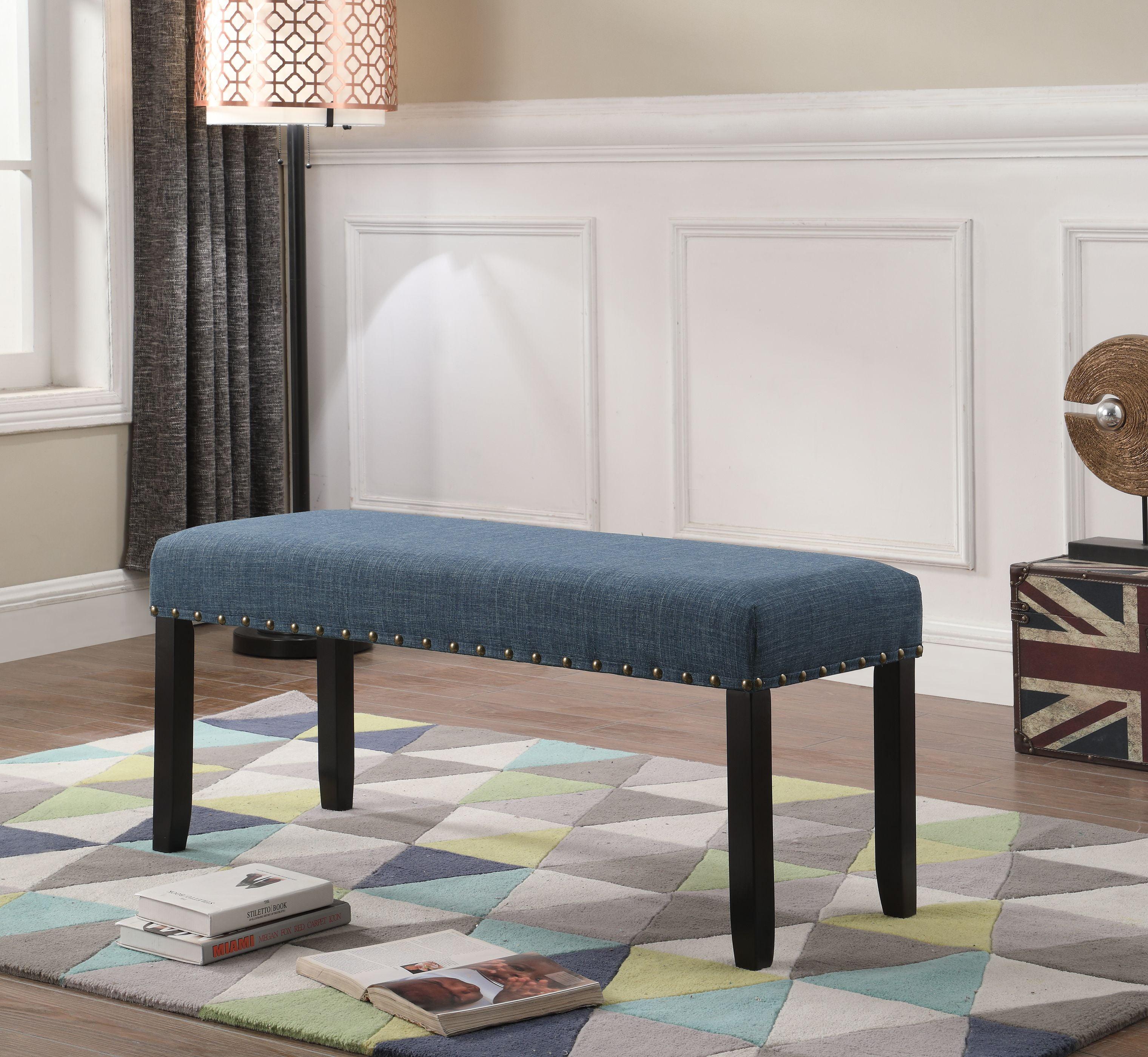 Blue Upholstered Dining Bench with Nailhead Trim