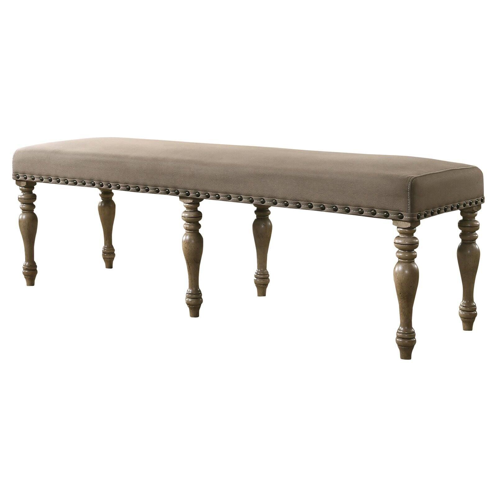 Birmingham Driftwood Finish Microfiber Upholstered Bench with Nailhead Trim