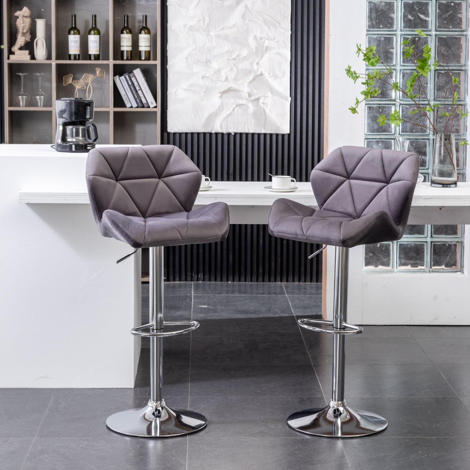 Roundhill Furniture Breni Velvet Diamond Tufted Swivel Adjustable Height Barstool, Gray, Set of 2