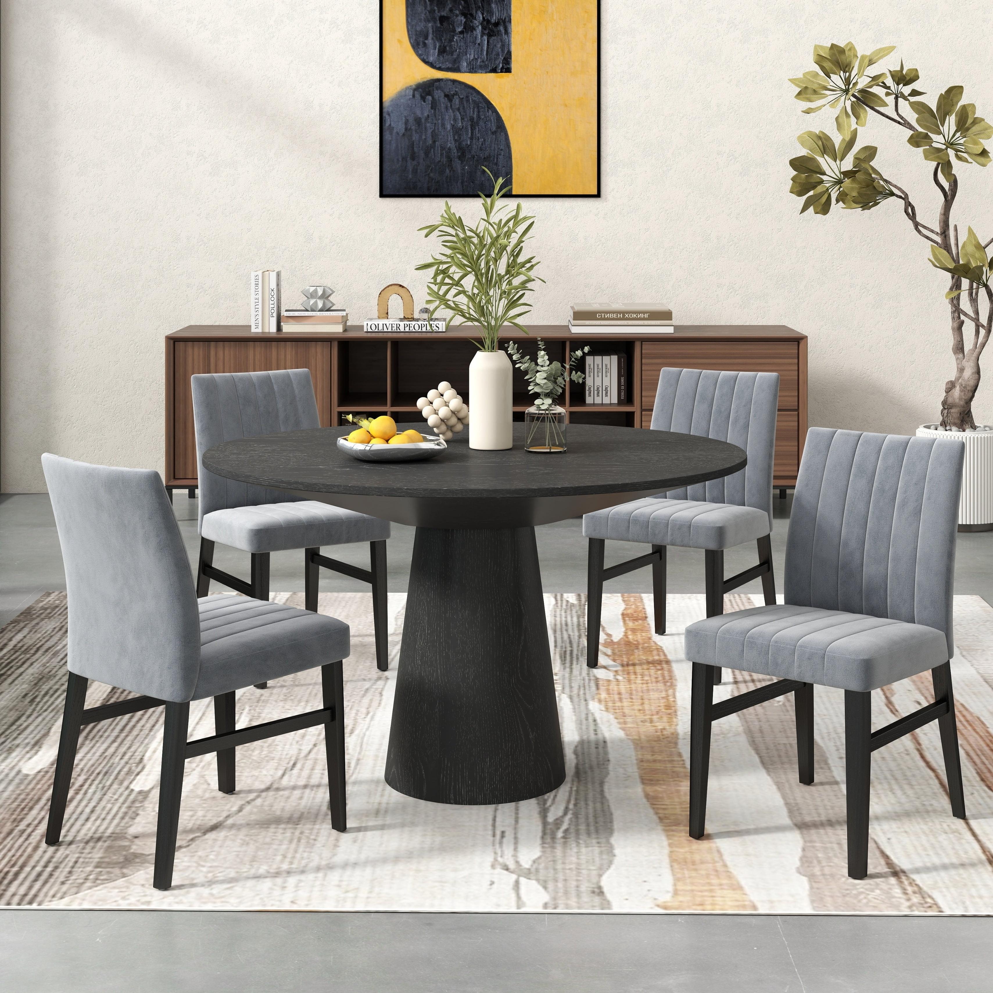 Gray 47'' Round Pedestal Dining Table with 4 Upholstered Chairs