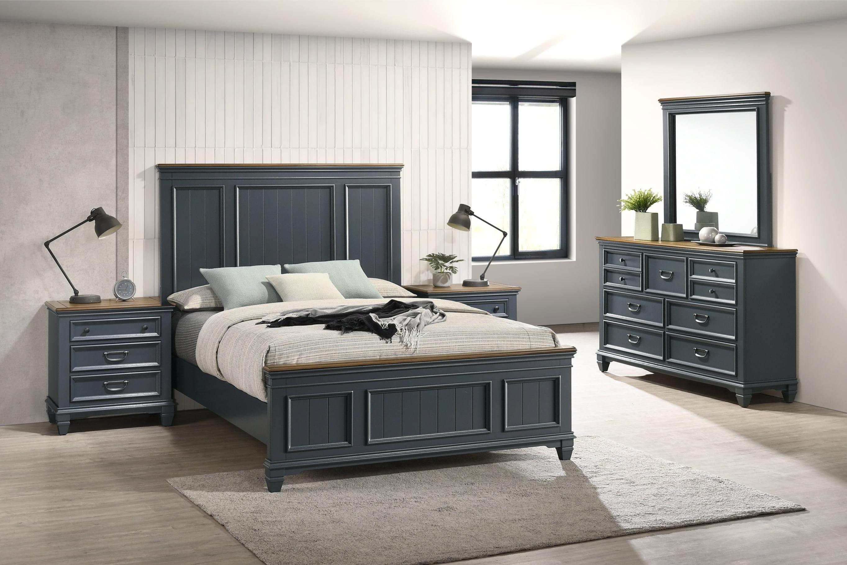 Roundhill Furniture Clelane Wood Bedroom Set with Shiplap Panel Queen Bed, Dresser, Mirror, and Two Nightstands in Slate Blue