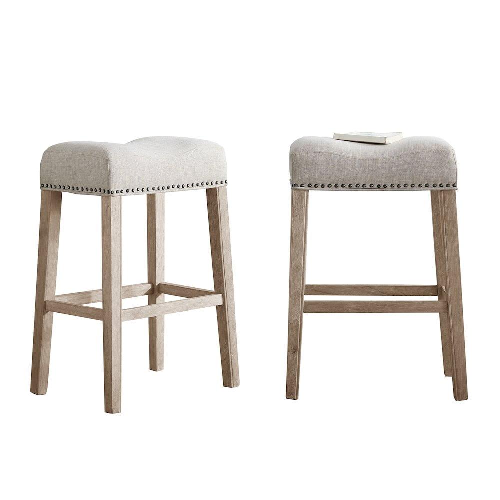 Weathered Oak Contemporary Saddle Seat Bar Stools, 29" Tan Set of 2