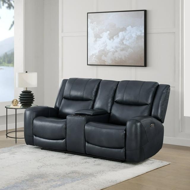 Roundhill Furniture Cozura Leather Power Dual Recling Loveseat with Console, Chesapeake Blue