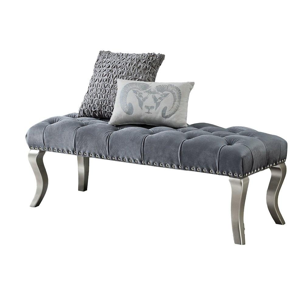 Roundhill Furniture Decor Maxem Fabric Upholstered Bench with Nailhead Gray