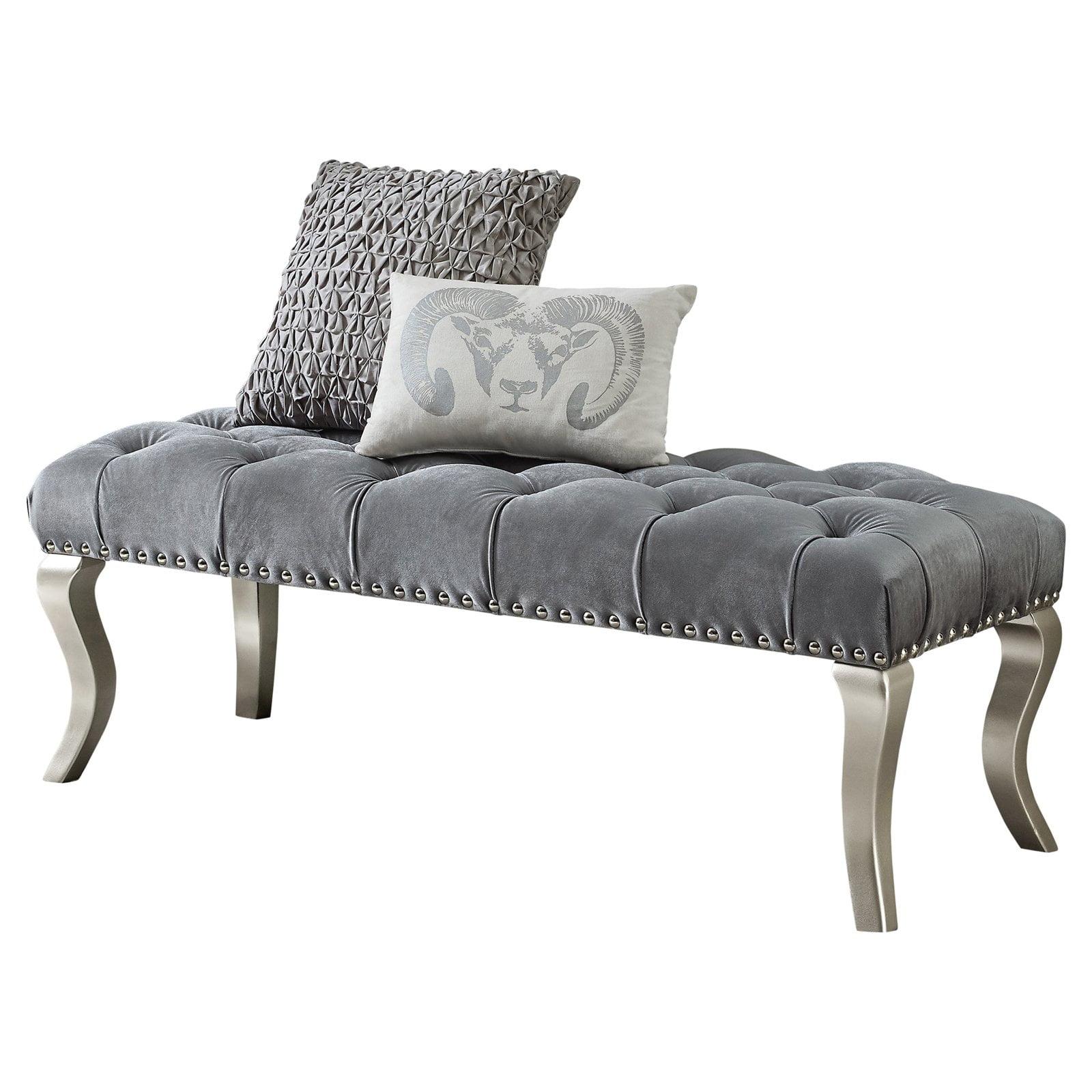 Roundhill Furniture Decor Maxem Tufted Fabric Upholstered Seat with Nailhead Trim Bench, Gray