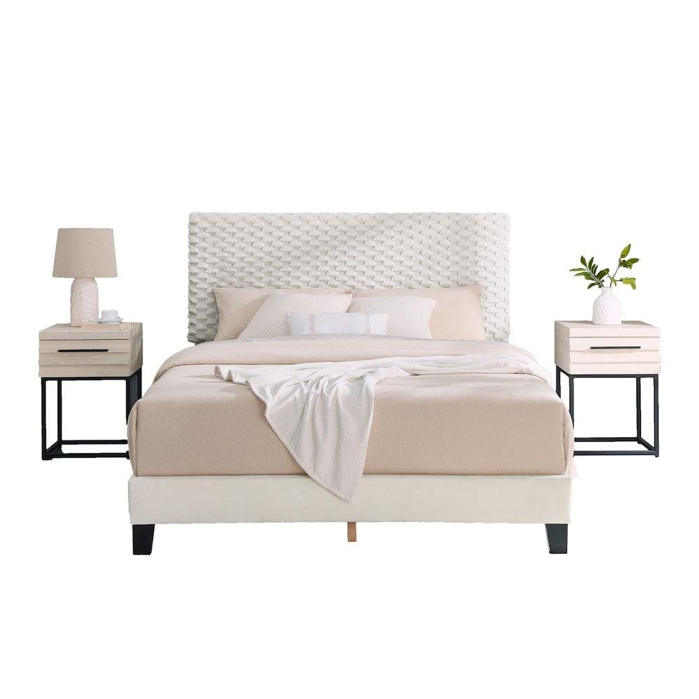 Roundhill Furniture Findlay 3-Piece Bedroom Set, Plush 3D Upholstered Bed with Two Nightstands  Full