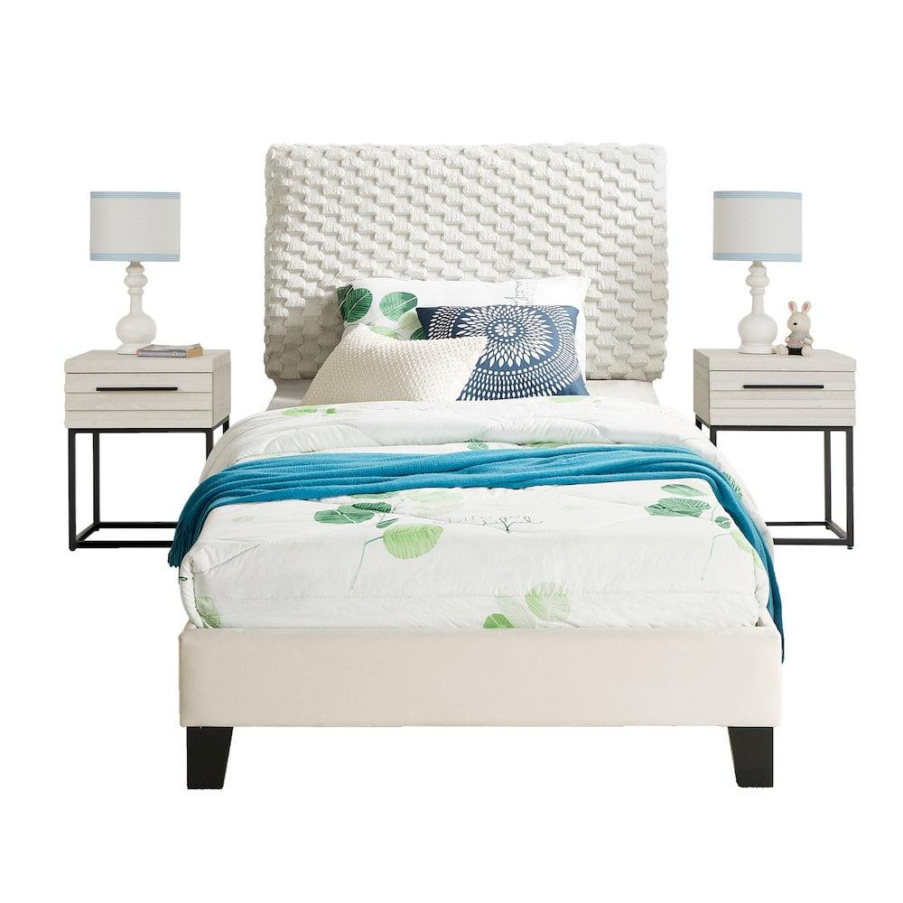 Roundhill Furniture Findlay 3-Piece Bedroom Set, Plush 3D Upholstered Bed with Two Nightstands  Twin