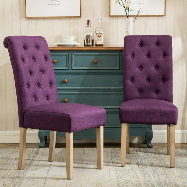 Roundhill Furniture Habit Solid Wood Tufted Parsons Dining Chair, Purple, Set of 2
