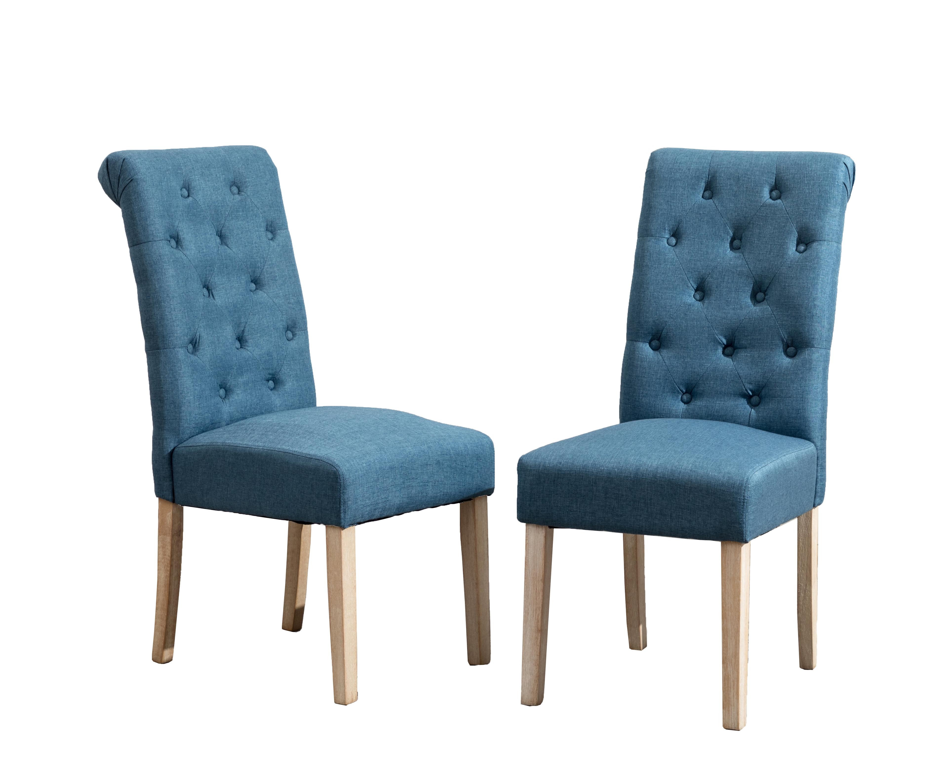 Blue Linen Tufted Parsons Dining Side Chair Set with Wood Legs