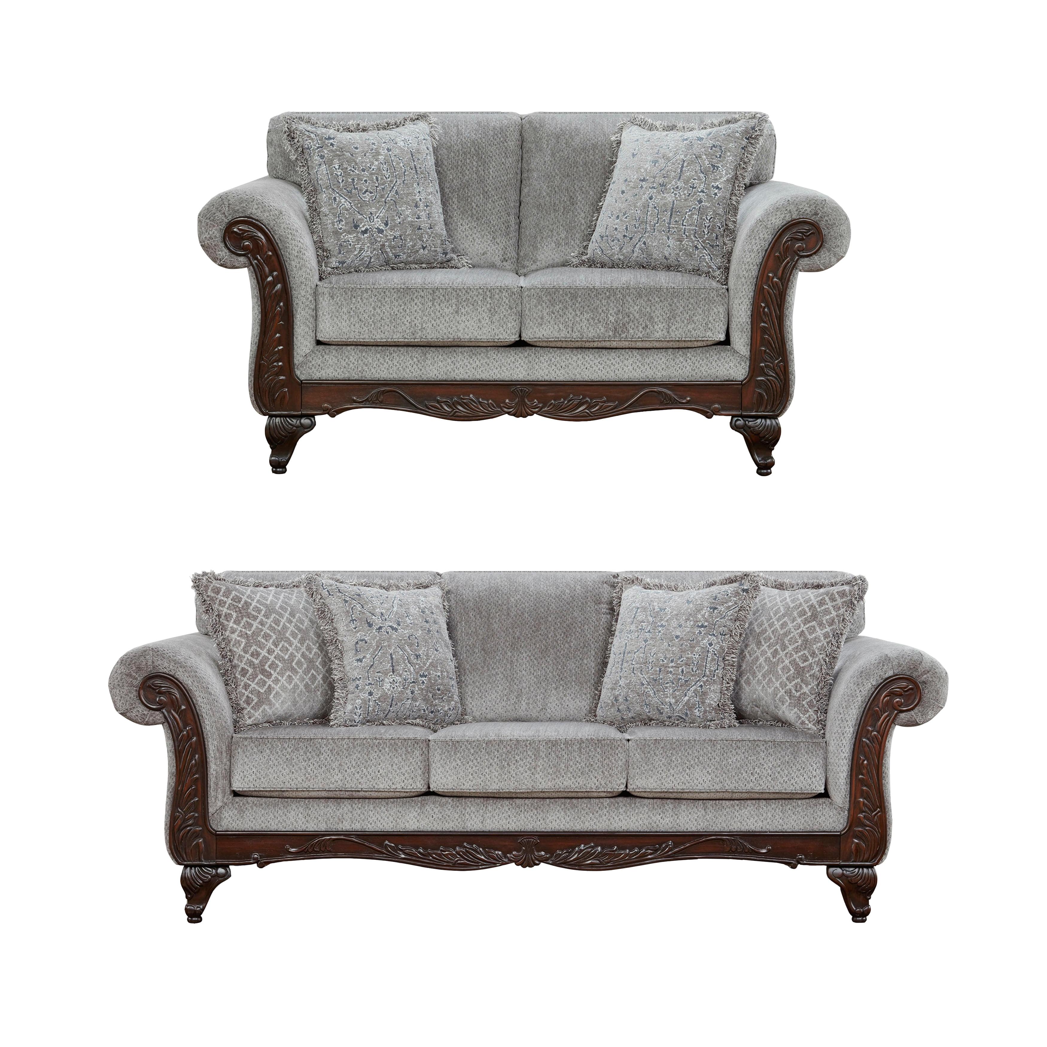Roundhill Furniture Hernen Carved Wood Frame Polyester Sofa and Loveseat Set, Gray