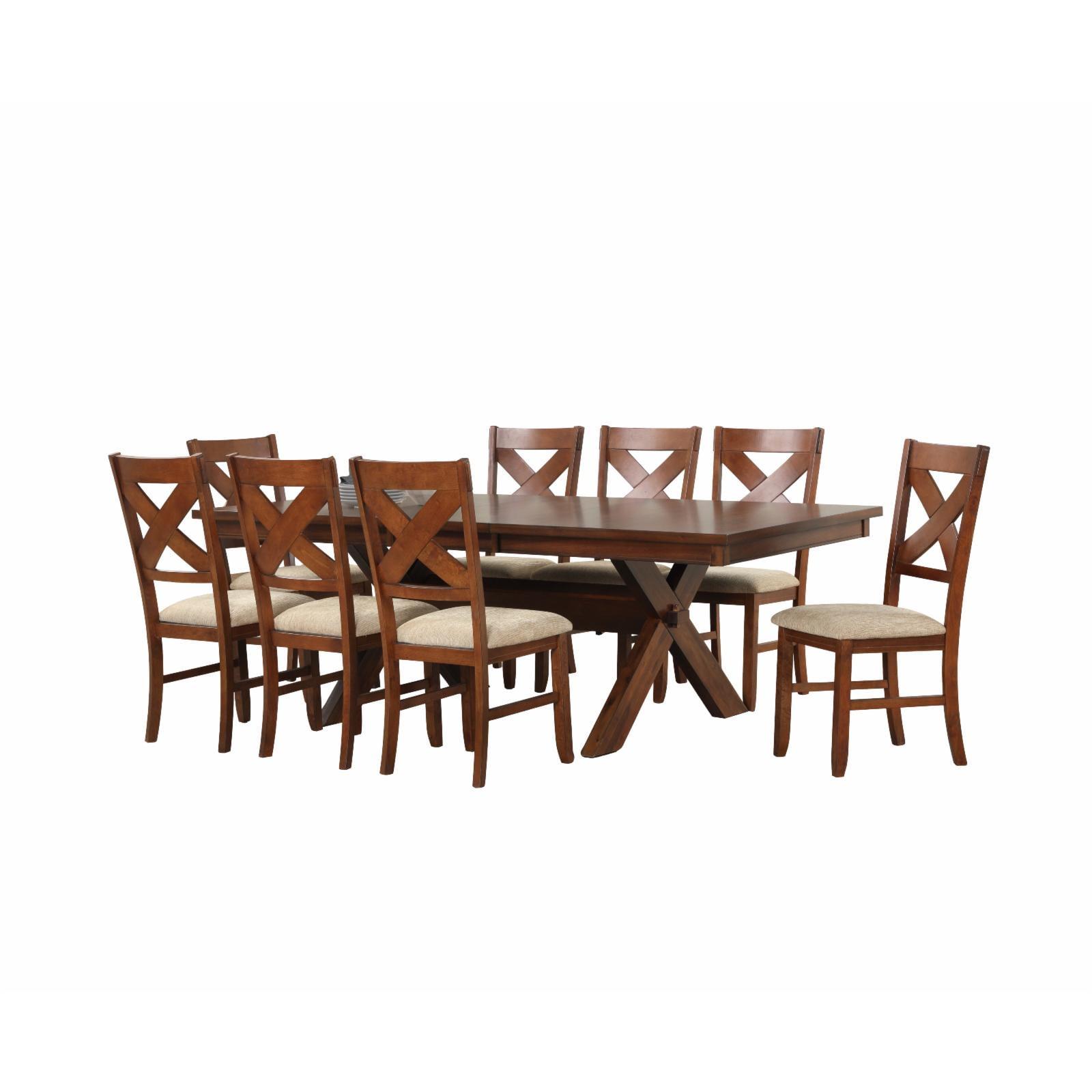 Karven Dark Hazelnut Wood Extendable Trestle Dining Set with 8 Chairs