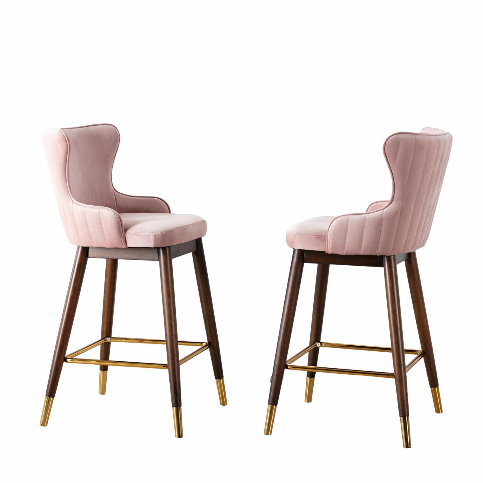 Leland Pink Velvet Wingback Bar Stool with Gold-Tone Accents, Set of 2