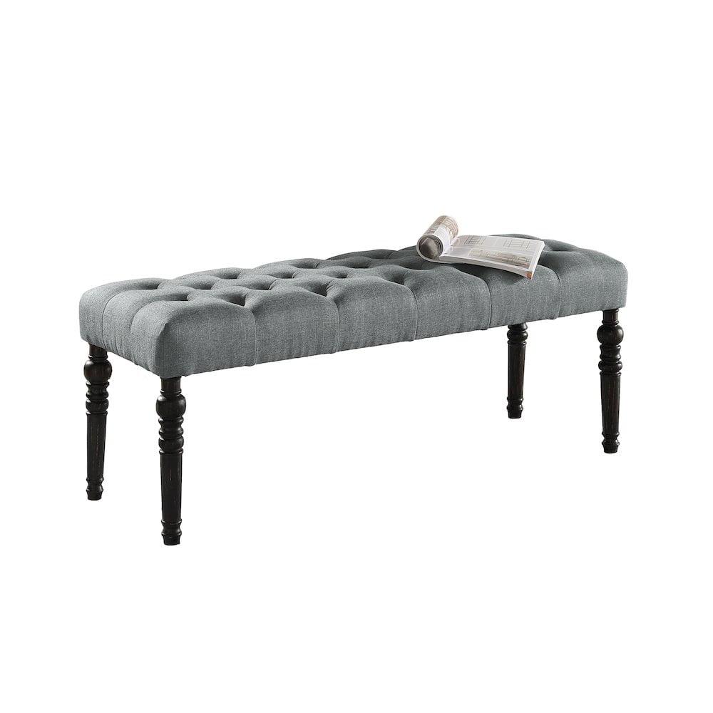 Elegant Gray Fabric Tufted Dining Bench with Black Wood Turned Legs