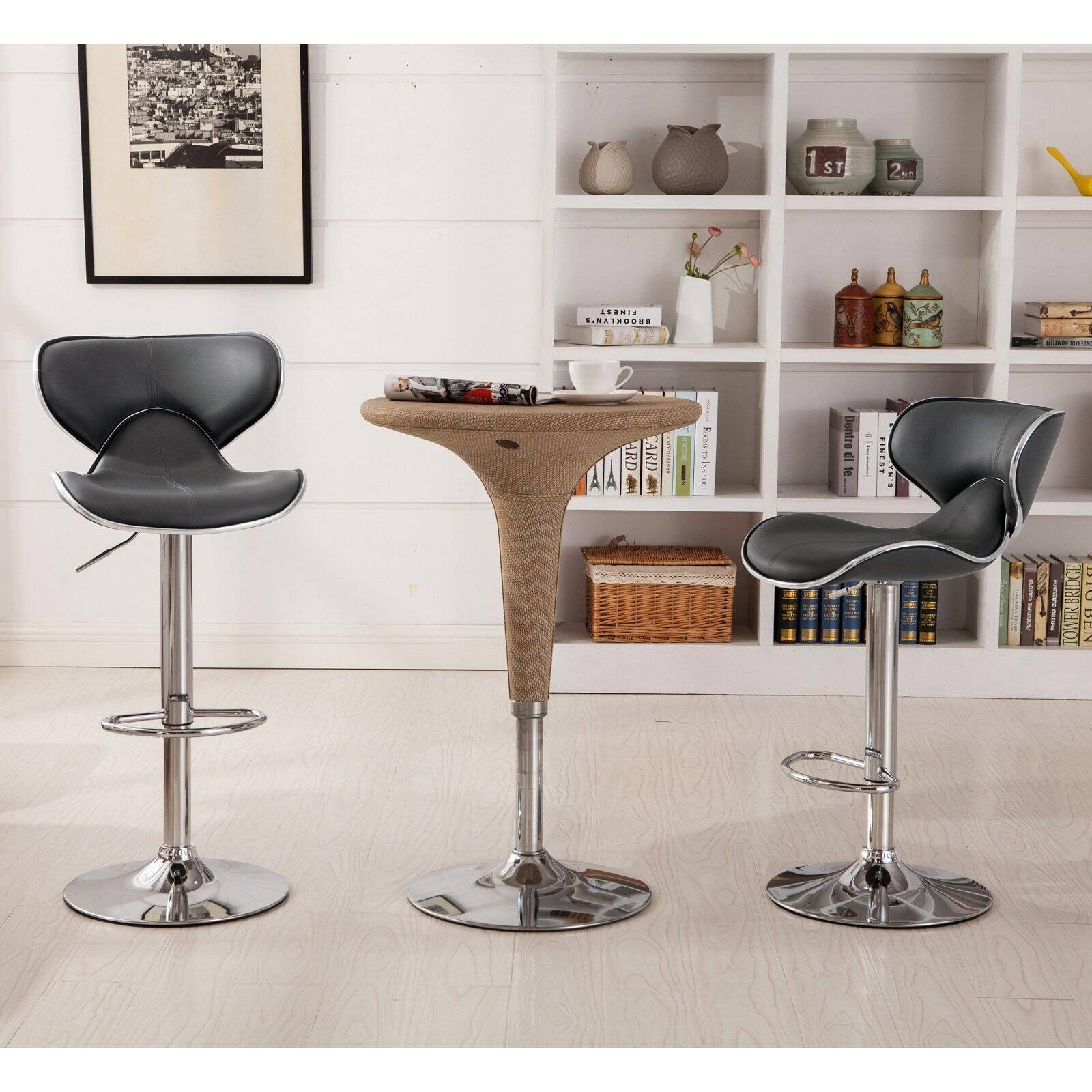 Chrome-Finished Contemporary Swivel Barstool with Gray Faux Leather, Set of 2