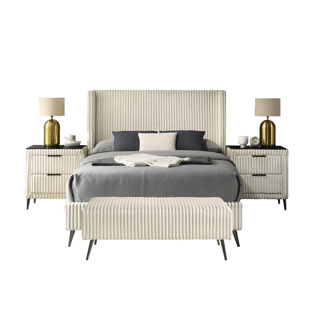 Roundhill Furniture Mavela Wide-wale Corduroy Upholstery Panel Bed with 2 Nightstands and Bench Cream Queen