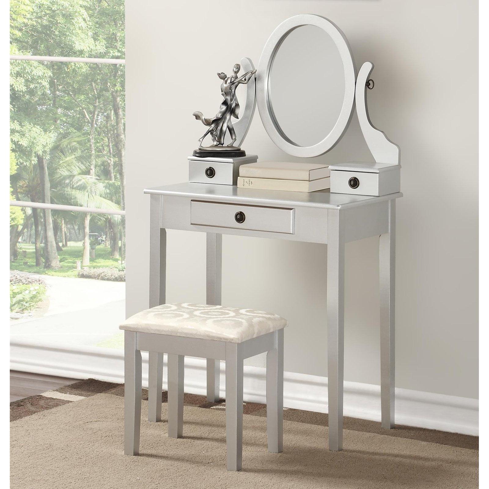Roundhill Furniture Moniya Wood Makeup Vanity Table and Stool Set, Silver