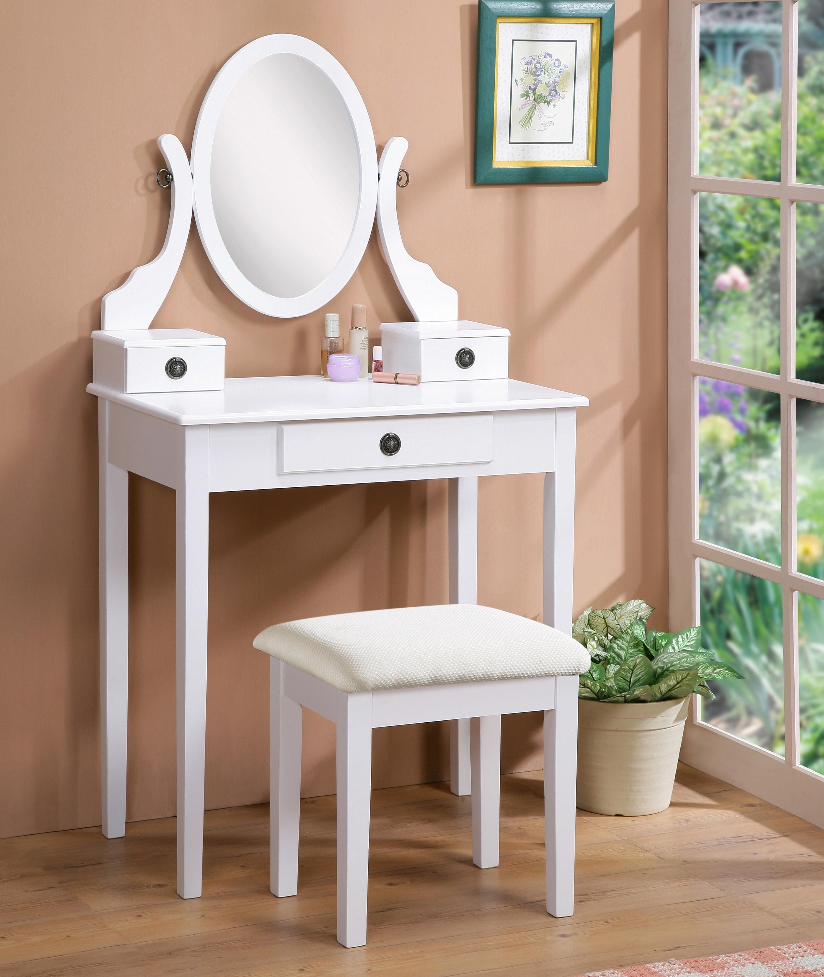 White Wood Vanity Table with Adjustable Mirror and Stool