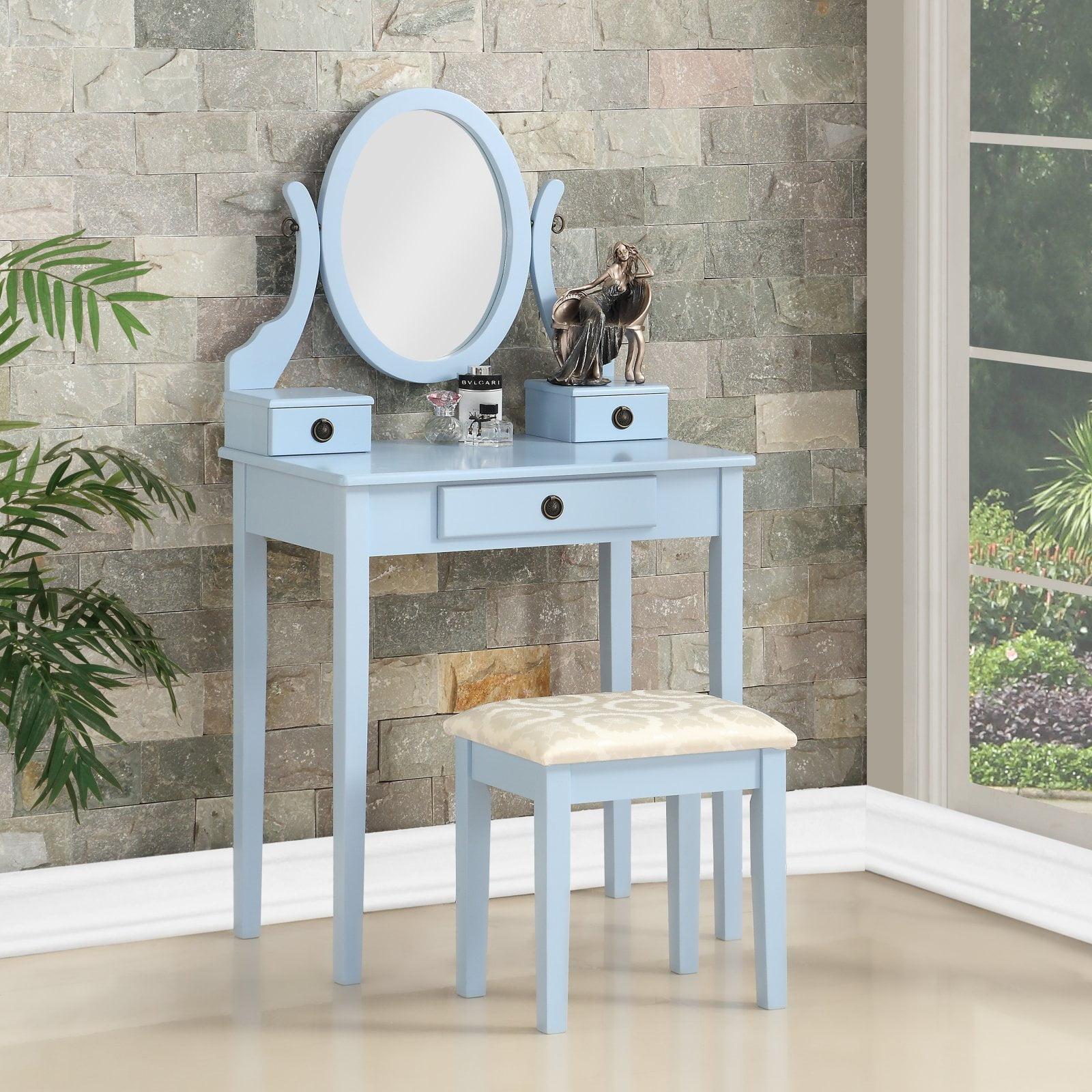 Blue Wood Makeup Vanity Table with Stool and Mirror