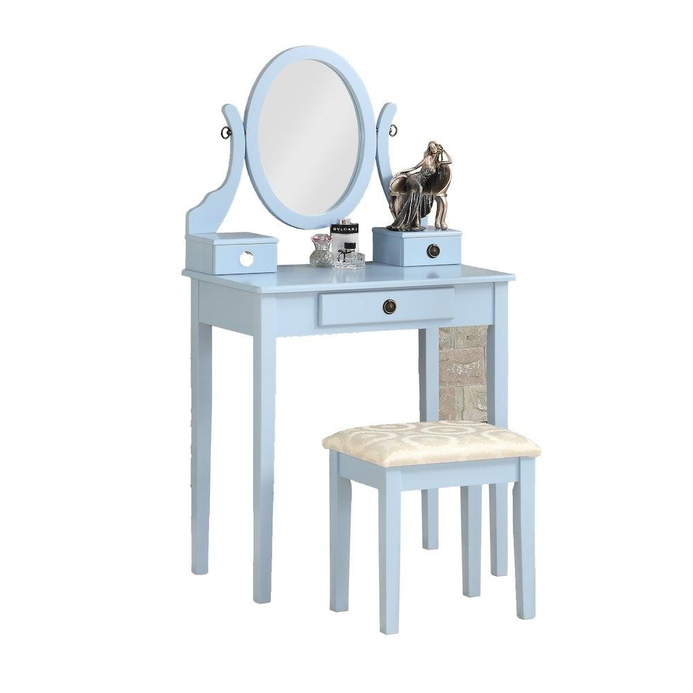 Roundhill Furniture Moniys Wood Makeup Vanity Table and Stool Set in Blue