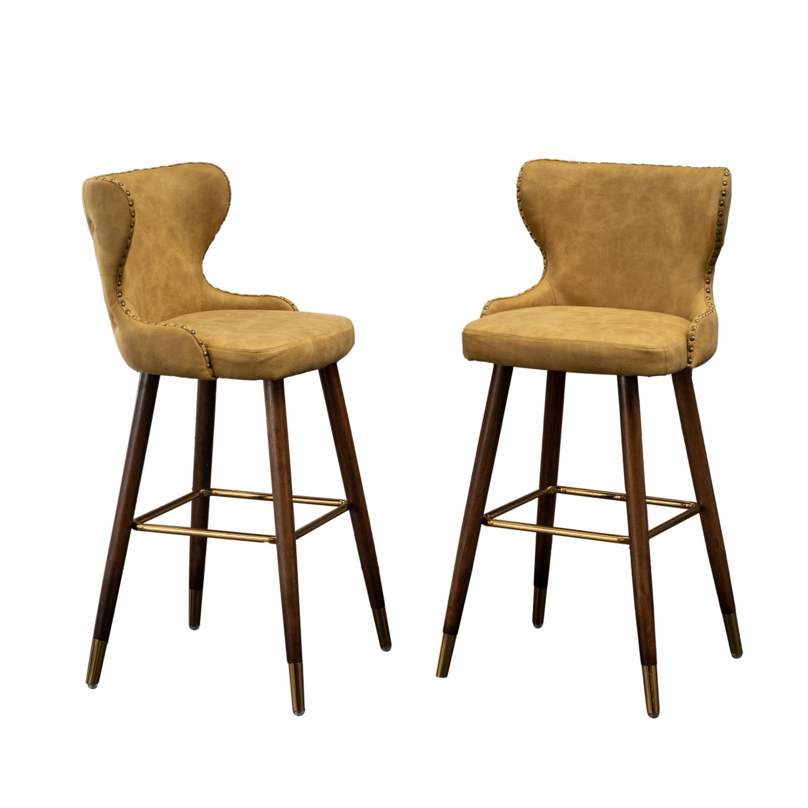 Mid-Century Modern Yellow Faux Leather Barstool Set with Gold Metal Accents