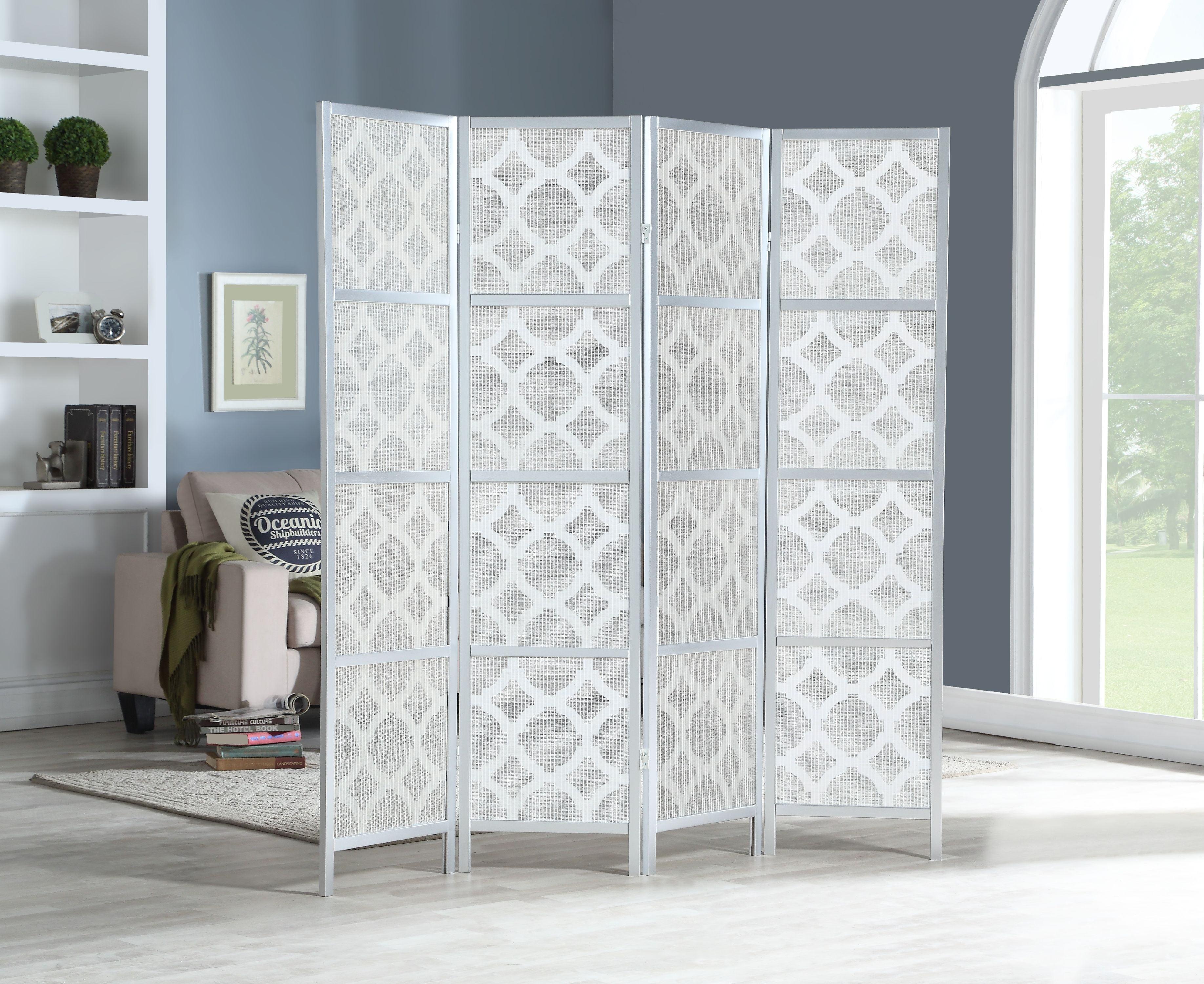 Silver Shoji-Inspired 4-Panel Folding Room Divider with Diamond Pattern