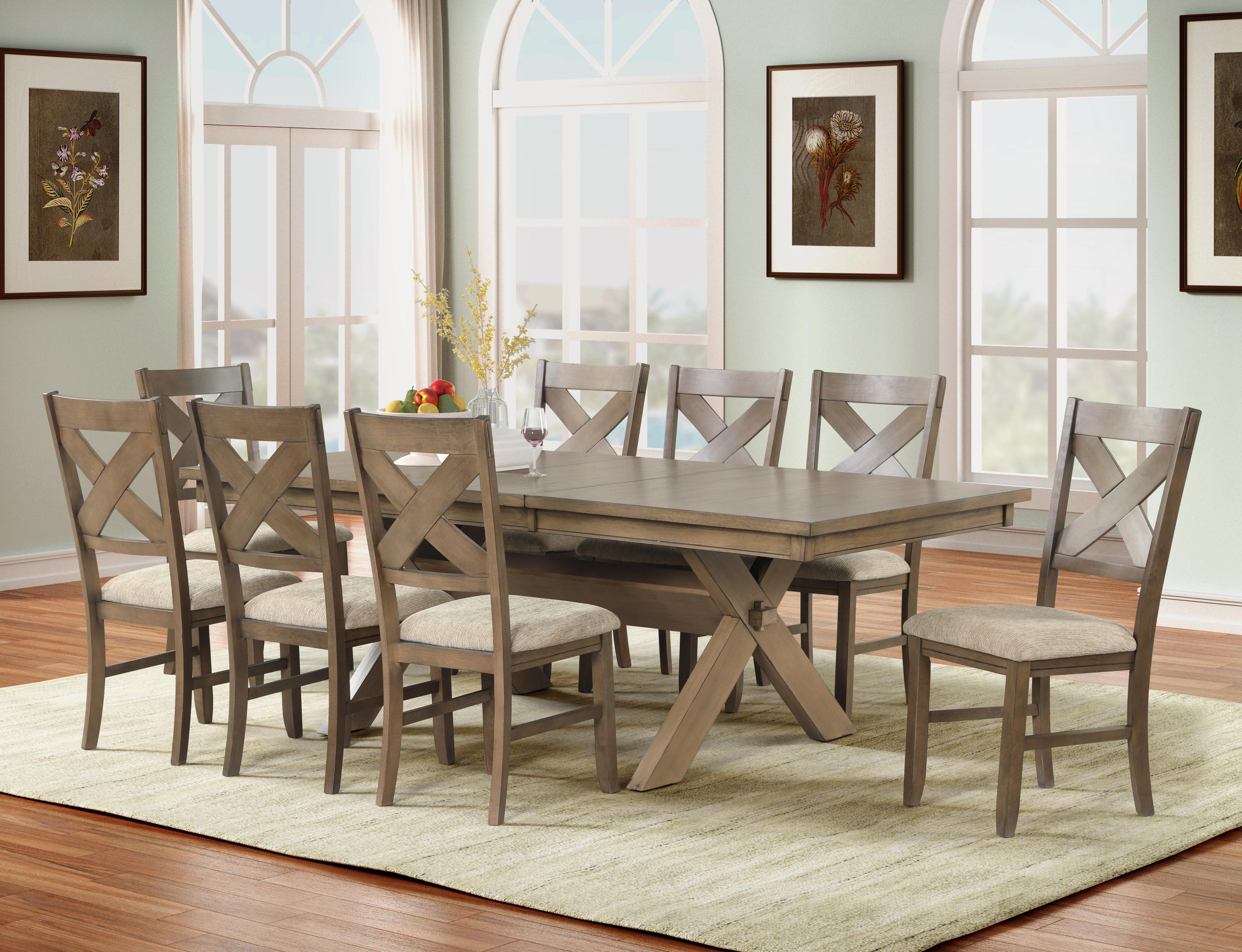 Glazed Pine Brown Extendable Trestle Dining Table Set with 8 Chairs